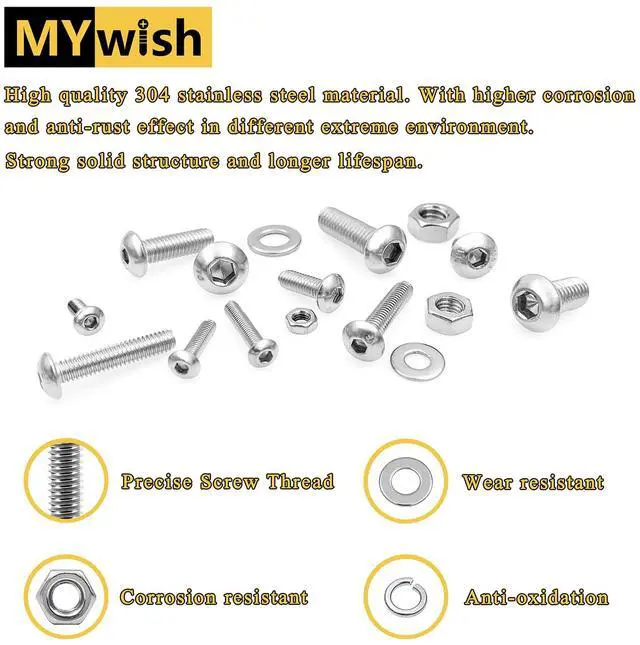 Alt view image 5 of 7 - 380 Pcs M4 Screw Nuts and Bolts Assortment Kit, 304 Stainless Steel Button Head Socket Cap Metric Screws Bolts, Spring & Flat Lock Washers/Nuts/Hex Wrenches, M4*8/10/12/16/20/25/30
