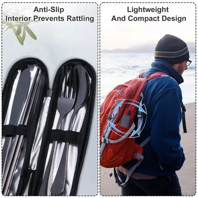 Alt view image 2 of 7 - 5 Piece Travel Utensils Set With Case, Stainless Steel, Black | Reusable Flatware Set, Portable Silverware Set for Work, Dishwasher Safe, Ideal for Lunch, Camping, Picnics, Travel and Work