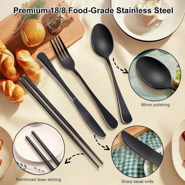 Alt view image 6 of 7 - 5 Piece Travel Utensils Set With Case, Stainless Steel, Black | Reusable Flatware Set, Portable Silverware Set for Work, Dishwasher Safe, Ideal for Lunch, Camping, Picnics, Travel and Work