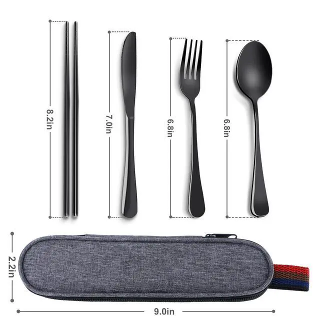 Alt view image 7 of 7 - 5 Piece Travel Utensils Set With Case, Stainless Steel, Black | Reusable Flatware Set, Portable Silverware Set for Work, Dishwasher Safe, Ideal for Lunch, Camping, Picnics, Travel and Work