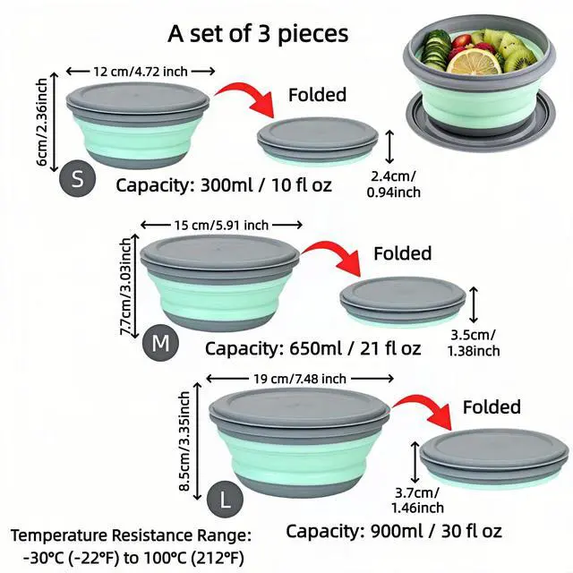 Alt view image 2 of 7 - Collapsible Silicone Bowls with Lids Set of 3, Food-Grade | 3 Sizes: 300/650/900ml, Foldable Space-Saving, Non-Slip Base, BPA-Free PP & TPR, Camping & Travel Use