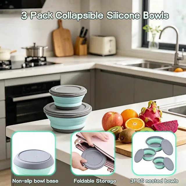 Alt view image 3 of 7 - Collapsible Silicone Bowls with Lids Set of 3, Food-Grade | 3 Sizes: 300/650/900ml, Foldable Space-Saving, Non-Slip Base, BPA-Free PP & TPR, Camping & Travel Use