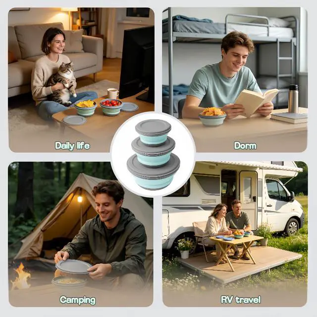 Alt view image 7 of 7 - Collapsible Silicone Bowls with Lids Set of 3, Food-Grade | 3 Sizes: 300/650/900ml, Foldable Space-Saving, Non-Slip Base, BPA-Free PP & TPR, Camping & Travel Use