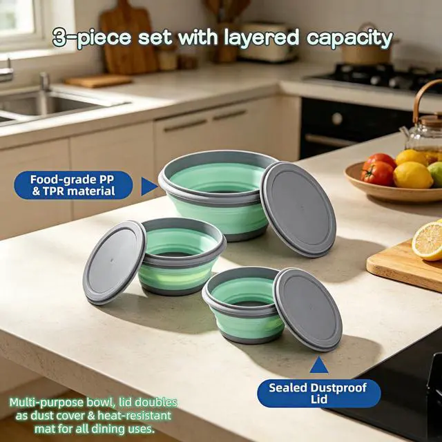 Alt view image 4 of 7 - Collapsible Silicone Bowls with Lids Set of 3, Food-Grade | 3 Sizes: 300/650/900ml, Foldable Space-Saving, Non-Slip Base, BPA-Free PP & TPR, Camping & Travel Use