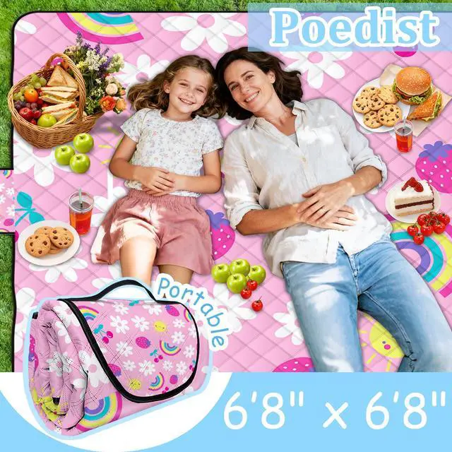 Alt view image 2 of 7 - Extra Large Picnic Blanket Waterproof,80"x 80"Foldable Machine Washable Beach Blankets,Outdoor Blanket for 6-8 Adults, Picnic Mat Suitable for Indoor Crawling,Park Beach,Camping,Hiking, Travel(Pink)