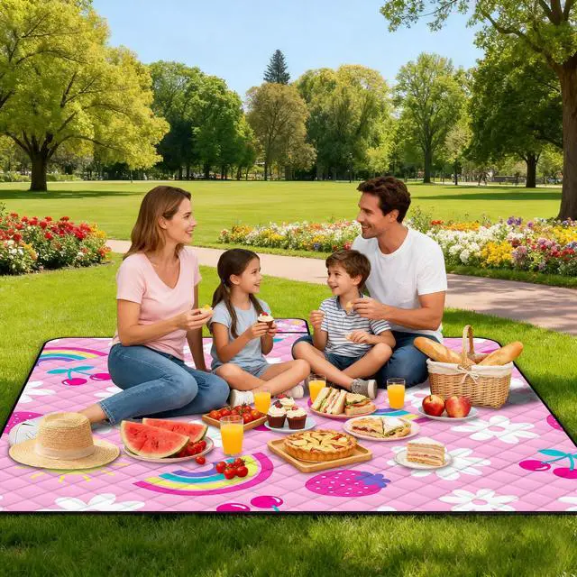 Alt view image 5 of 7 - Extra Large Picnic Blanket Waterproof,80"x 80"Foldable Machine Washable Beach Blankets,Outdoor Blanket for 6-8 Adults, Picnic Mat Suitable for Indoor Crawling,Park Beach,Camping,Hiking, Travel(Pink)