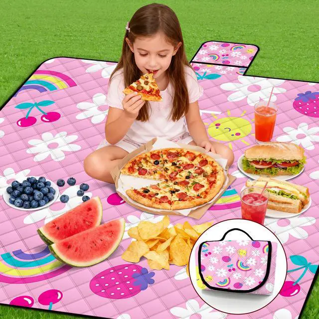 Alt view image 6 of 7 - Extra Large Picnic Blanket Waterproof,80"x 80"Foldable Machine Washable Beach Blankets,Outdoor Blanket for 6-8 Adults, Picnic Mat Suitable for Indoor Crawling,Park Beach,Camping,Hiking, Travel(Pink)