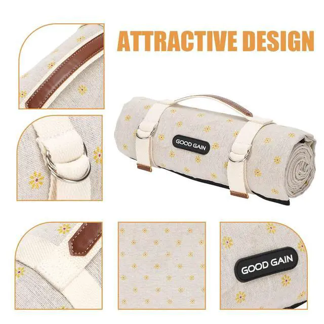Alt view image 3 of 7 - Picnic Outdoor Blankets Waterproof Large - Beach Mat Sand Free Foldable with Carry Strap | Portable Camping Blanket | Park Blanket for Grass Park, Hiking, Travel, Concerts, Indoor (Yellow Flower)