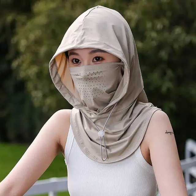 Alt view image 4 of 7 - Women's UV Protection Balaclava Hat with Neck Guard & Face Mask for Cycling, Travel & Outdoor Activities Light Khaki