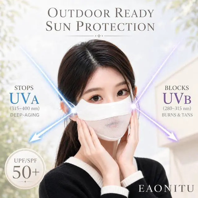 Alt view image 2 of 7 - UPF 50+ Reusable Cloth Mask, UV Guard Face Cover, Korean Slim Fit (White) | Breathing Mesh, Cooling Silky Satin, Moisture & Heat Wicking Outdoors, Adjustable Fit Ear Straps, Anti-Fog, Glasses Friendly
