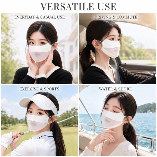 Alt view image 3 of 7 - UPF 50+ Reusable Cloth Mask, UV Guard Face Cover, Korean Slim Fit (White) | Breathing Mesh, Cooling Silky Satin, Moisture & Heat Wicking Outdoors, Adjustable Fit Ear Straps, Anti-Fog, Glasses Friendly