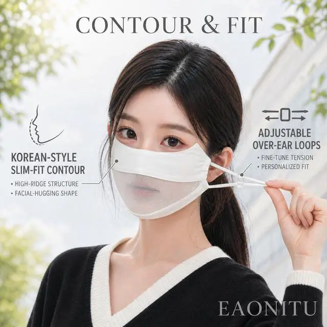 Alt view image 6 of 7 - UPF 50+ Reusable Cloth Mask, UV Guard Face Cover, Korean Slim Fit (White) | Breathing Mesh, Cooling Silky Satin, Moisture & Heat Wicking Outdoors, Adjustable Fit Ear Straps, Anti-Fog, Glasses Friendly
