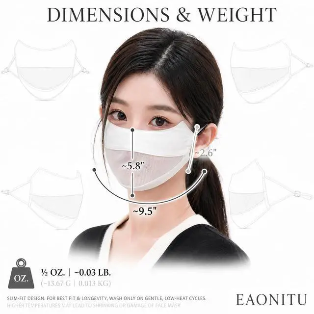 Alt view image 7 of 7 - UPF 50+ Reusable Cloth Mask, UV Guard Face Cover, Korean Slim Fit (White) | Breathing Mesh, Cooling Silky Satin, Moisture & Heat Wicking Outdoors, Adjustable Fit Ear Straps, Anti-Fog, Glasses Friendly