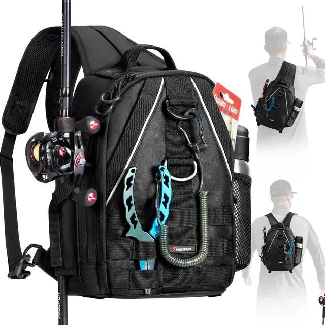 Main image of Fishing Backpack, Rod Holders, Lightweight Sling Bag, Black | Fits 2x3600 trays, bottle pocket, MOLLE loops, 4-way carry for short bank fishing trips
