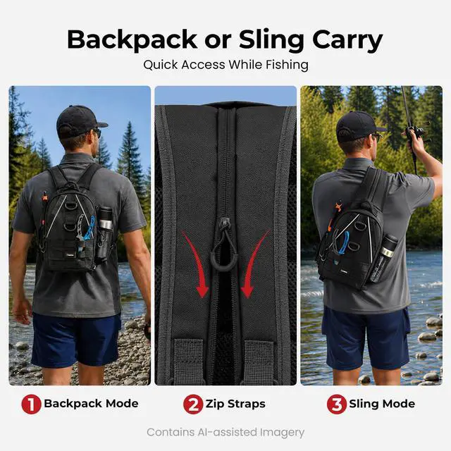 Alt view image 3 of 7 - Fishing Backpack, Rod Holders, Lightweight Sling Bag, Black | Fits 2x3600 trays, bottle pocket, MOLLE loops, 4-way carry for short bank fishing trips