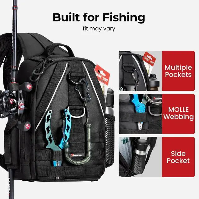Alt view image 4 of 7 - Fishing Backpack, Rod Holders, Lightweight Sling Bag, Black | Fits 2x3600 trays, bottle pocket, MOLLE loops, 4-way carry for short bank fishing trips