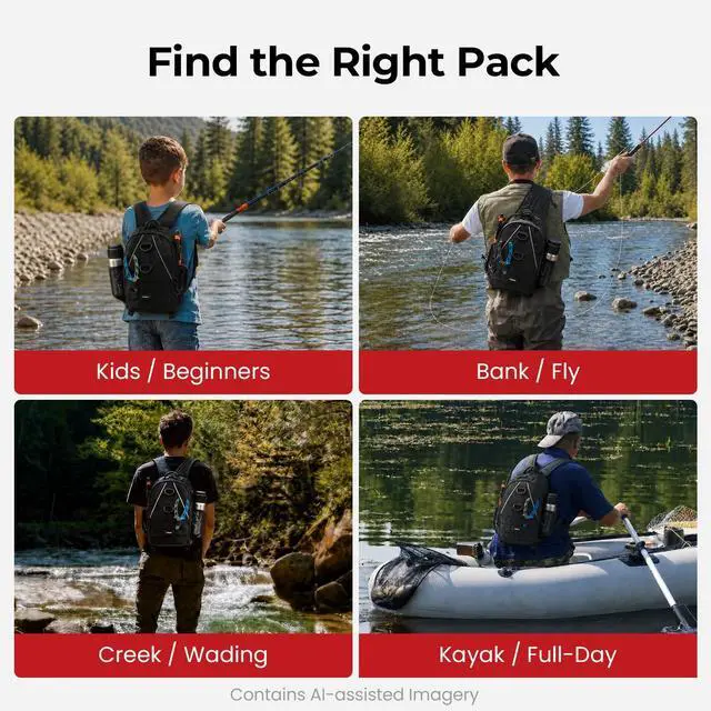 Alt view image 6 of 7 - Fishing Backpack, Rod Holders, Lightweight Sling Bag, Black | Fits 2x3600 trays, bottle pocket, MOLLE loops, 4-way carry for short bank fishing trips