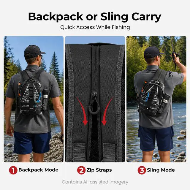 Alt view image 3 of 7 - Fishing Backpack, Rod Holders, Lightweight Sling Bag, Black Camo | Fits 2x3600 trays, bottle pocket, MOLLE loops, 4-way carry for short bank fishing trips