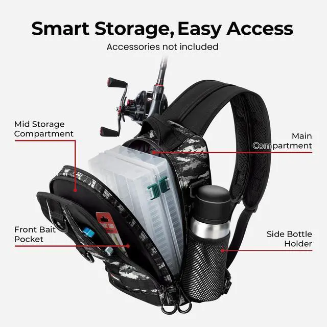 Alt view image 5 of 7 - Fishing Backpack, Rod Holders, Lightweight Sling Bag, Black Camo | Fits 2x3600 trays, bottle pocket, MOLLE loops, 4-way carry for short bank fishing trips