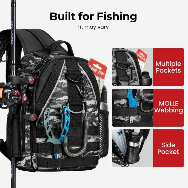 Alt view image 4 of 7 - Fishing Backpack, Rod Holders, Lightweight Sling Bag, Black Camo | Fits 2x3600 trays, bottle pocket, MOLLE loops, 4-way carry for short bank fishing trips