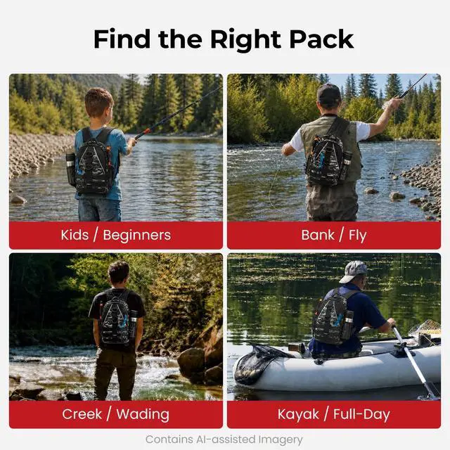 Alt view image 6 of 7 - Fishing Backpack, Rod Holders, Lightweight Sling Bag, Black Camo | Fits 2x3600 trays, bottle pocket, MOLLE loops, 4-way carry for short bank fishing trips