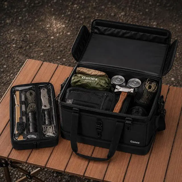 Alt view image 3 of 7 - Camping Storage Bag 36L Collapsible Tote with Waterproof Bottom | PVC Waterproof Base, Camping Gear Storage, Detachable Pouches, Removable Liner, Outdoor Use