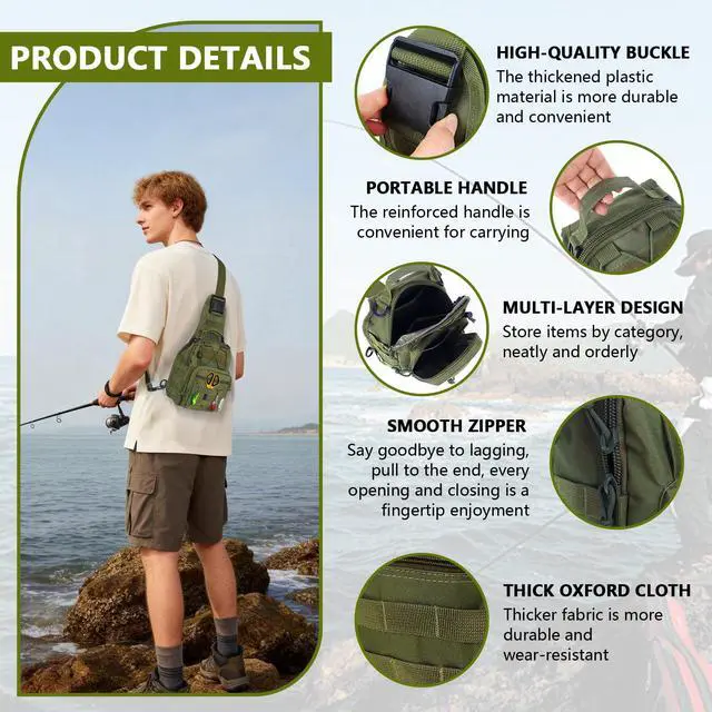 Alt view image 3 of 7 - Fishing Backpack Small Fishing Tackle Storage Bag with 3 Methods of Carrying Large Capacity Sling Backpack for Outdoor Hiking Travel Hunting (Army Green)