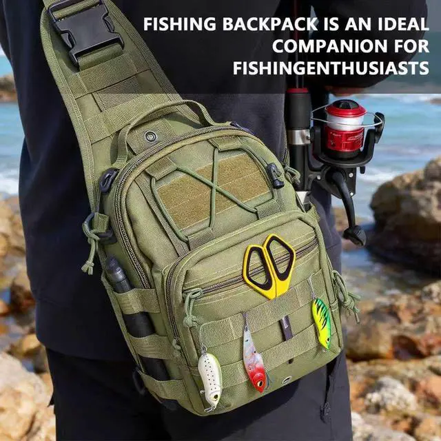 Alt view image 4 of 7 - Fishing Backpack Small Fishing Tackle Storage Bag with 3 Methods of Carrying Large Capacity Sling Backpack for Outdoor Hiking Travel Hunting (Army Green)