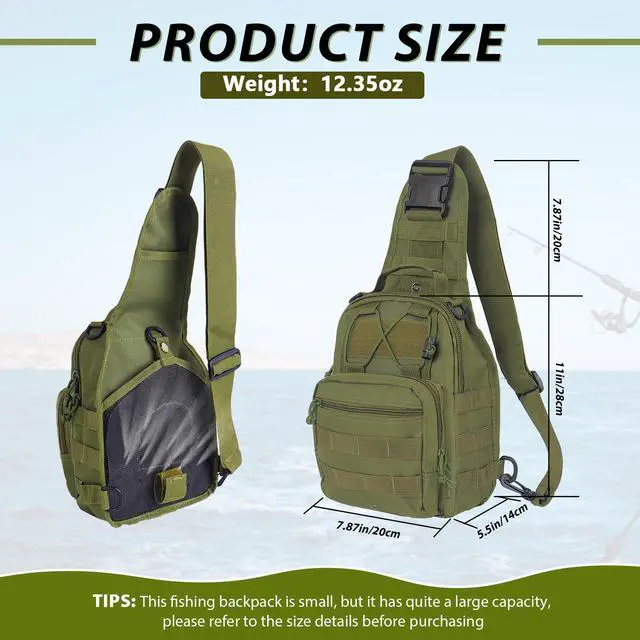 Alt view image 2 of 7 - Fishing Backpack Small Fishing Tackle Storage Bag with 3 Methods of Carrying Large Capacity Sling Backpack for Outdoor Hiking Travel Hunting (Army Green)