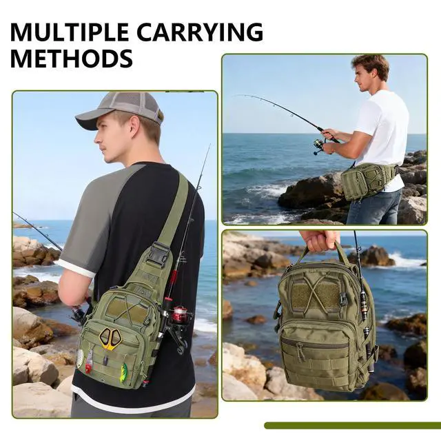 Alt view image 5 of 7 - Fishing Backpack Small Fishing Tackle Storage Bag with 3 Methods of Carrying Large Capacity Sling Backpack for Outdoor Hiking Travel Hunting (Army Green)