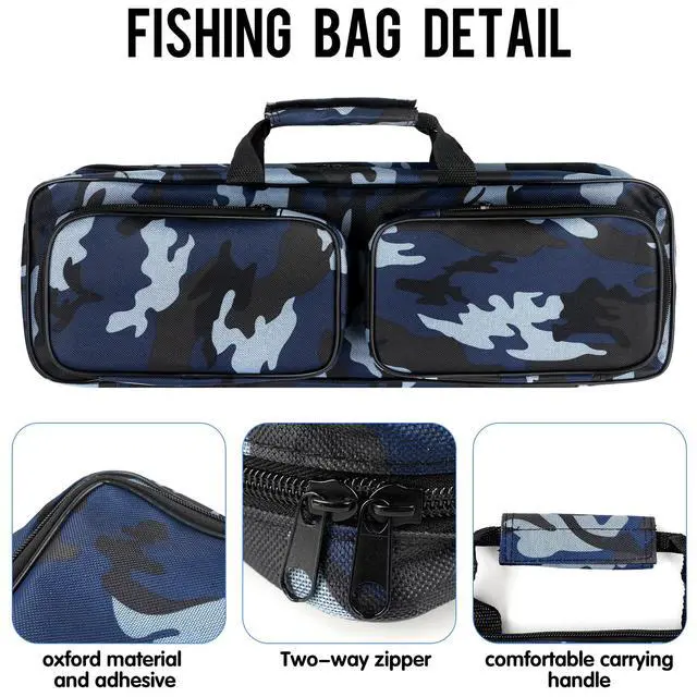 Alt view image 3 of 7 - Fishing Tackle Carrier Bag with 2 Front Storage Pockets for Telescopic Rod | 17-inch Large Capacity Travel Fishing Carry Case Organizer Handbag for Collapsible Pole Tool Accessory
