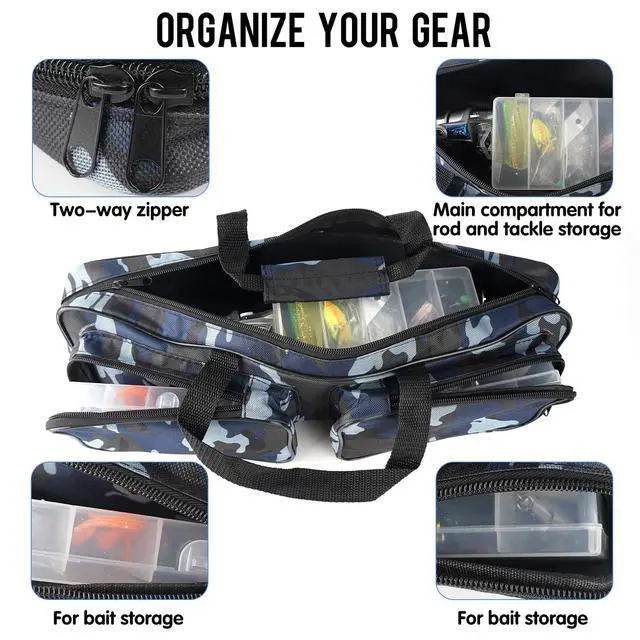 Alt view image 6 of 7 - Fishing Tackle Carrier Bag with 2 Front Storage Pockets for Telescopic Rod | 17-inch Large Capacity Travel Fishing Carry Case Organizer Handbag for Collapsible Pole Tool Accessory