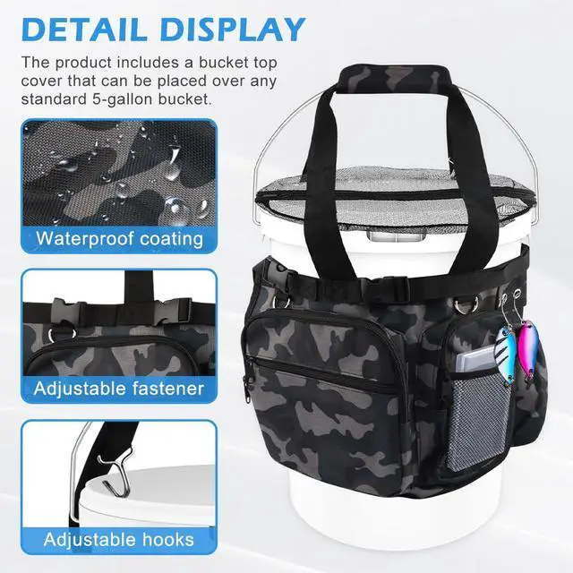Alt view image 6 of 7 - Fishing Bucket Organizer for 5 Gallon Bucket,Outdoor Ice-Fishing Tackle Bag with Bait Buckets Cover,Adjustable Buckle,Multi-Pockets for Fishing Gear & Accessories Storage