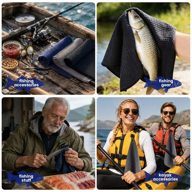 Alt view image 4 of 7 - 3 Pack Microfiber Fishing Towels with Clip, 16" x 16", Waffle Pattern for Effective Cleaning of Fishing Gears or Dirty Hands, Perfect for Camping Towels and Hiking Towles