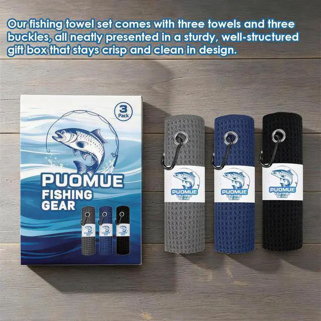 Alt view image 3 of 7 - 3 Pack Microfiber Fishing Towels with Clip, 16" x 16", Waffle Pattern for Effective Cleaning of Fishing Gears or Dirty Hands, Perfect for Camping Towels and Hiking Towles