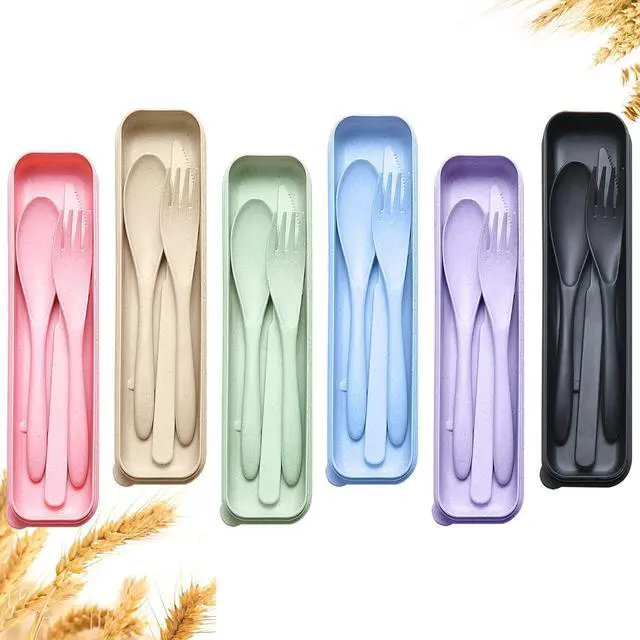 Main image of Reusable Travel Utensils Set with Case, 6 Sets Wheat Straw Portable Knife Fork Spoons Cutlery, Eco-Friendly BPA Free Plastic Tableware for Kids Adults School Lunch Party Picnic and Camping