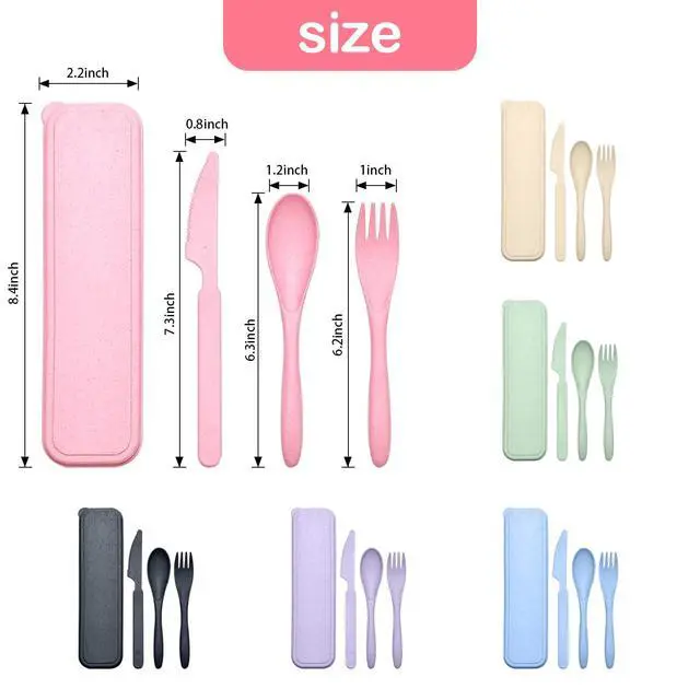 Alt view image 7 of 7 - Reusable Travel Utensils Set with Case, 6 Sets Wheat Straw Portable Knife Fork Spoons Cutlery, Eco-Friendly BPA Free Plastic Tableware for Kids Adults School Lunch Party Picnic and Camping