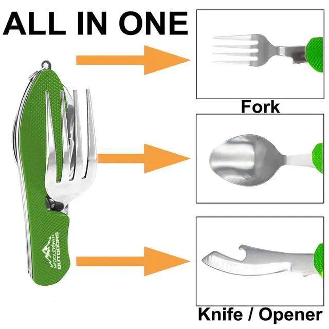 Alt view image 3 of 5 - 2Pcs Camping Flatware Foldable Utensils Detachable Portable and Versatile Stainless Steel Knife Fork Spoon and Bottle Opener Compact Outdoors Cutlery Pocket Knife Style - 2/pk (Green)
