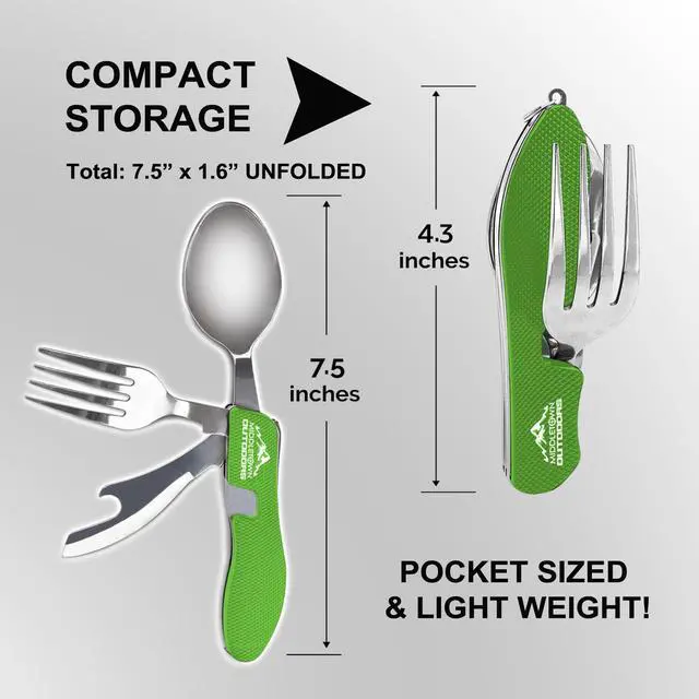 Alt view image 4 of 5 - 2Pcs Camping Flatware Foldable Utensils Detachable Portable and Versatile Stainless Steel Knife Fork Spoon and Bottle Opener Compact Outdoors Cutlery Pocket Knife Style - 2/pk (Green)