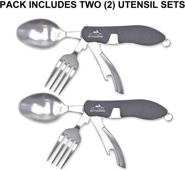 Alt view image 2 of 5 - 2Pcs Camping Flatware Foldable Utensils Detachable Portable and Versatile Stainless Steel Knife Fork Spoon and Bottle Opener Compact Outdoors Cutlery Pocket Knife Style - 2/pk (Green)