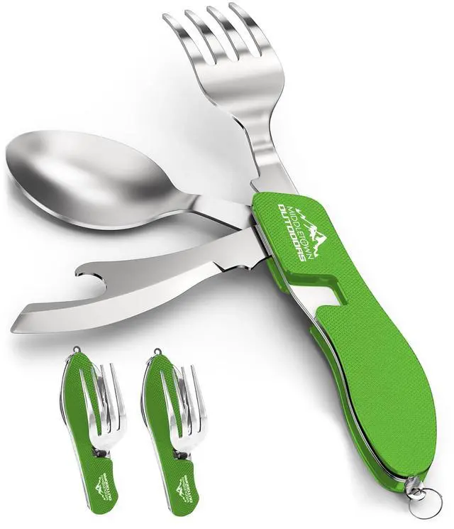 Main image of 2Pcs Camping Flatware Foldable Utensils Detachable Portable and Versatile Stainless Steel Knife Fork Spoon and Bottle Opener Compact Outdoors Cutlery Pocket Knife Style - 2/pk (Green)