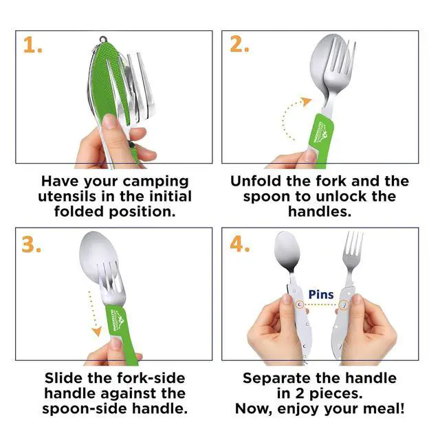 Alt view image 5 of 5 - 2Pcs Camping Flatware Foldable Utensils Detachable Portable and Versatile Stainless Steel Knife Fork Spoon and Bottle Opener Compact Outdoors Cutlery Pocket Knife Style - 2/pk (Green)