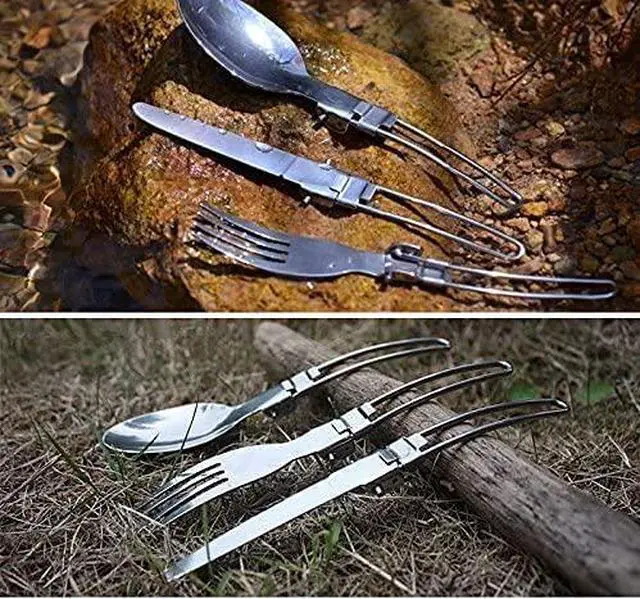 Main image of Folding Spoon Fork Knife Set Portable 3 in 1 Folding Dinner Flatware Utensils Stainless Steel Perfect for Camping Picnic Travel Hiking Backpacking
