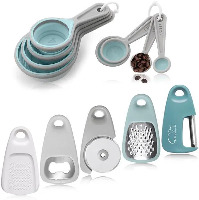 Main image of Kitchen Gadgets Set 13 Piece, Essentials for Kitchen RV Camper, Blue | Space Saving Cooking Tools, Includes Cheese Grater, Pizza Cutter, Peeler, Bottle Opener, Garlic Grinder