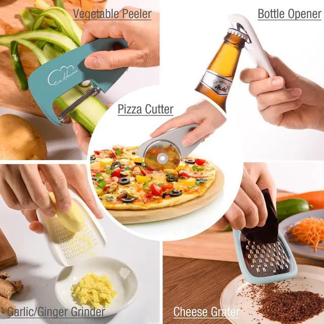 Alt view image 5 of 7 - Kitchen Gadgets Set 13 Piece, Essentials for Kitchen RV Camper, Blue | Space Saving Cooking Tools, Includes Cheese Grater, Pizza Cutter, Peeler, Bottle Opener, Garlic Grinder