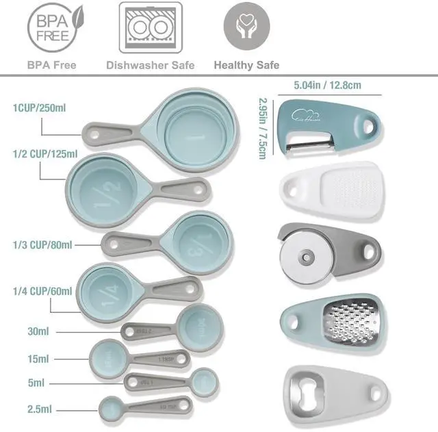 Alt view image 7 of 7 - Kitchen Gadgets Set 13 Piece, Essentials for Kitchen RV Camper, Blue | Space Saving Cooking Tools, Includes Cheese Grater, Pizza Cutter, Peeler, Bottle Opener, Garlic Grinder