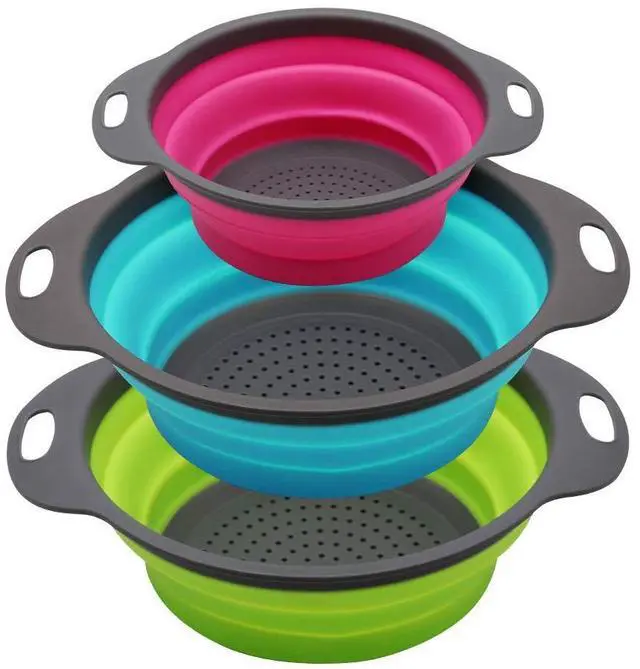 Main image of Collapsible Colander Set of 3 Round Silicone Kitchen Strainer Set - 2 pcs 4 Quart and 1 pcs 2 Quart- Perfect for Draining Pasta, Vegetable and fruit (green,blue, purple)