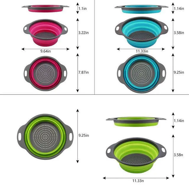 Alt view image 2 of 7 - Collapsible Colander Set of 3 Round Silicone Kitchen Strainer Set - 2 pcs 4 Quart and 1 pcs 2 Quart- Perfect for Draining Pasta, Vegetable and fruit (green,blue, purple)