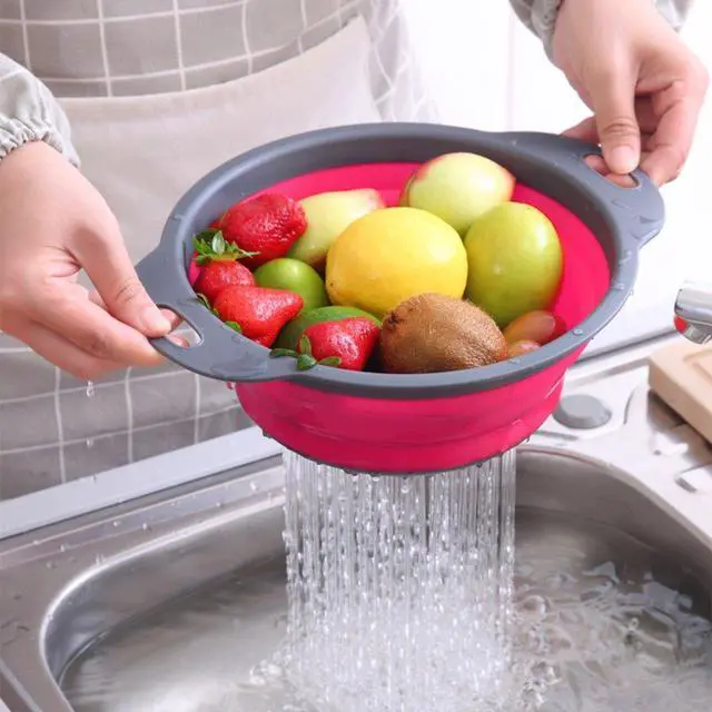 Alt view image 3 of 7 - Collapsible Colander Set of 3 Round Silicone Kitchen Strainer Set - 2 pcs 4 Quart and 1 pcs 2 Quart- Perfect for Draining Pasta, Vegetable and fruit (green,blue, purple)