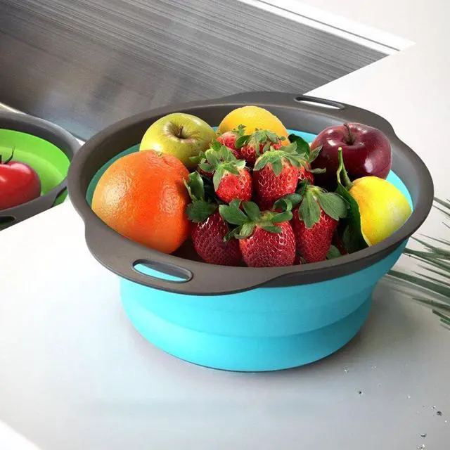 Alt view image 5 of 7 - Collapsible Colander Set of 3 Round Silicone Kitchen Strainer Set - 2 pcs 4 Quart and 1 pcs 2 Quart- Perfect for Draining Pasta, Vegetable and fruit (green,blue, purple)